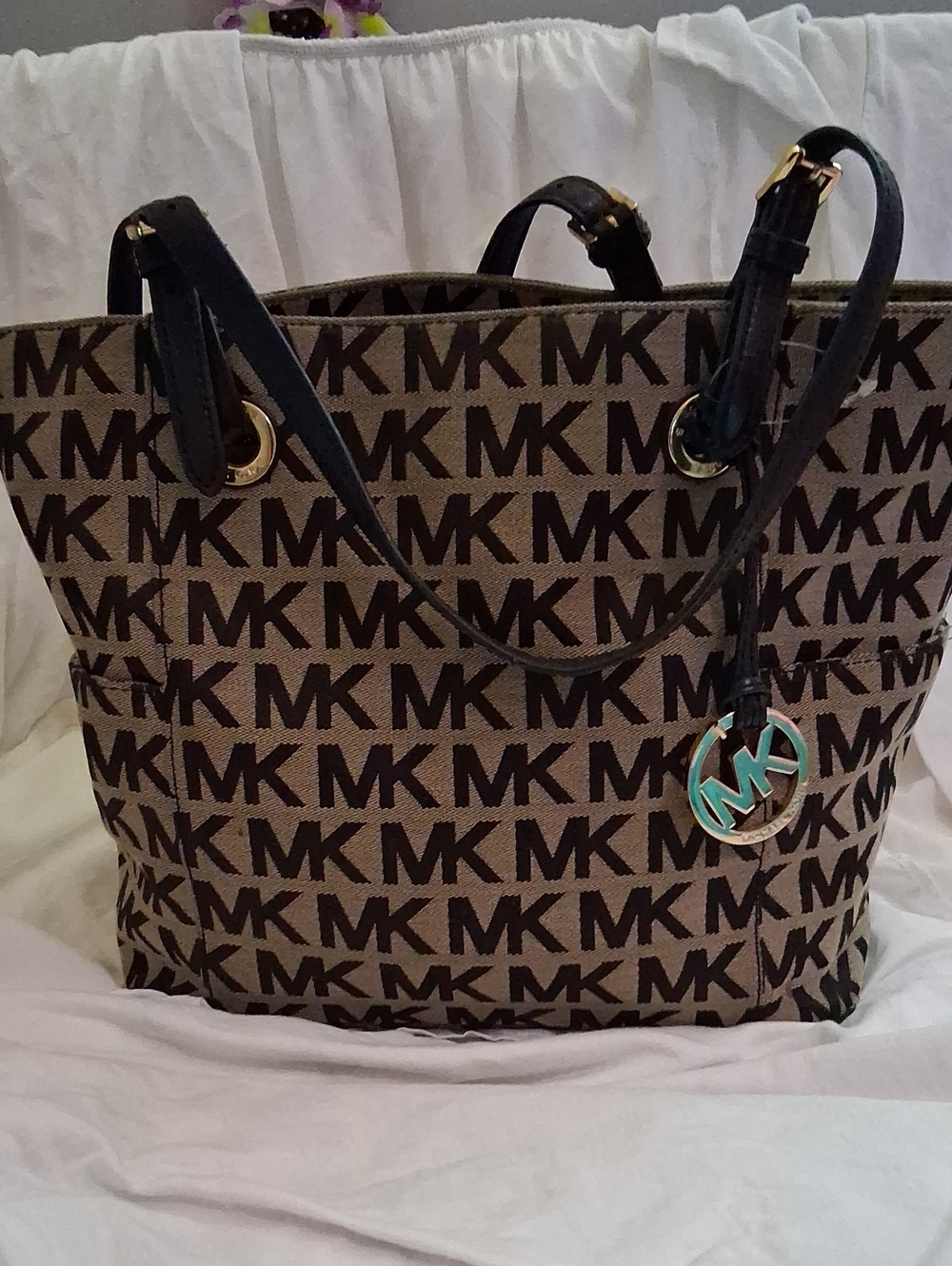Michael Kors Brown MK Logo Tote with Black Handles